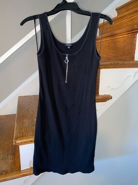 Ambiance Black Ribbed Tank Mini Dress with Front Ring Zip